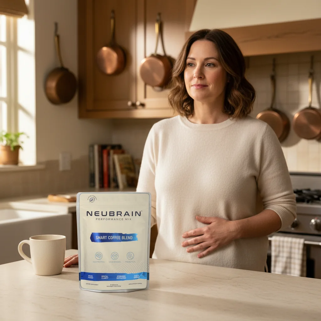 Coffee drinker noticing an unsettled stomach after her morning cup