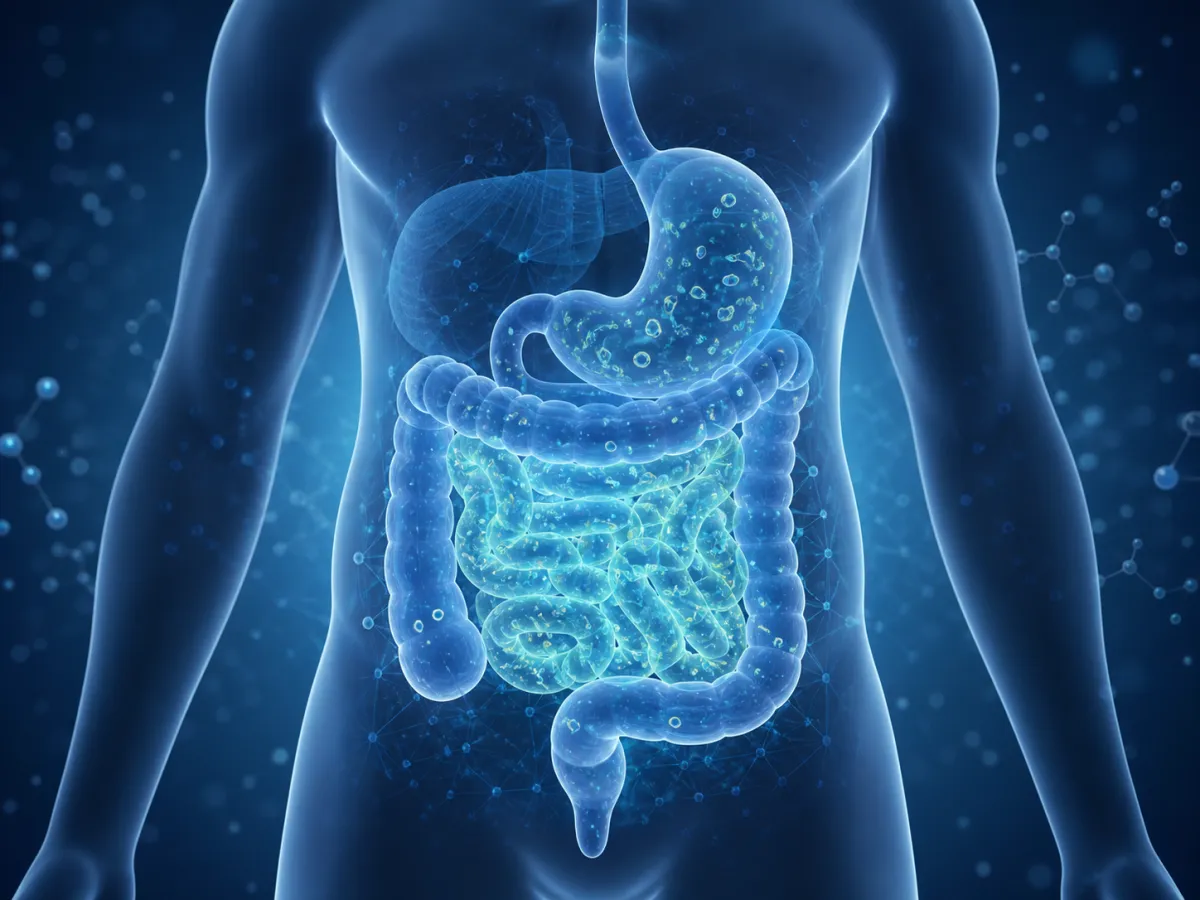 Scientific illustration of the digestive system and gut microbiome