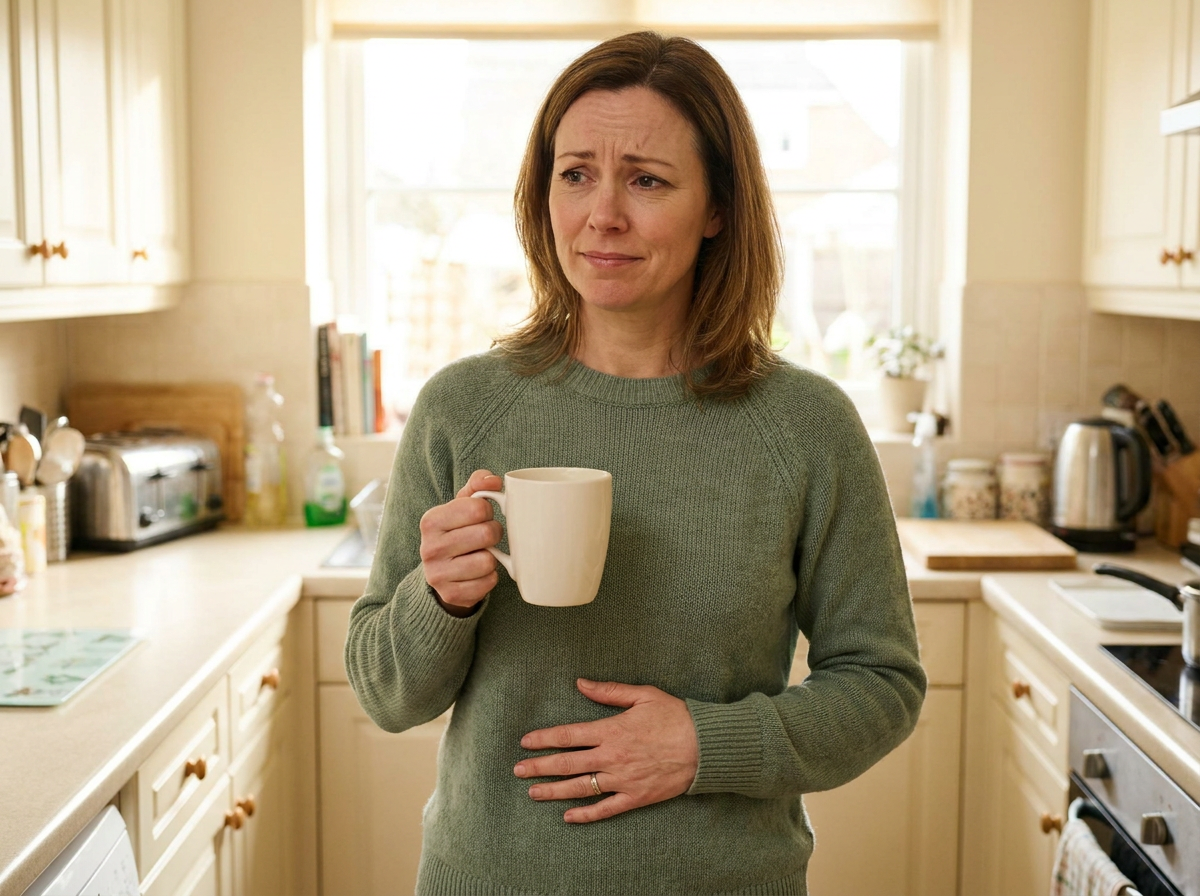 Coffee drinker holding her stomach after a morning cup
