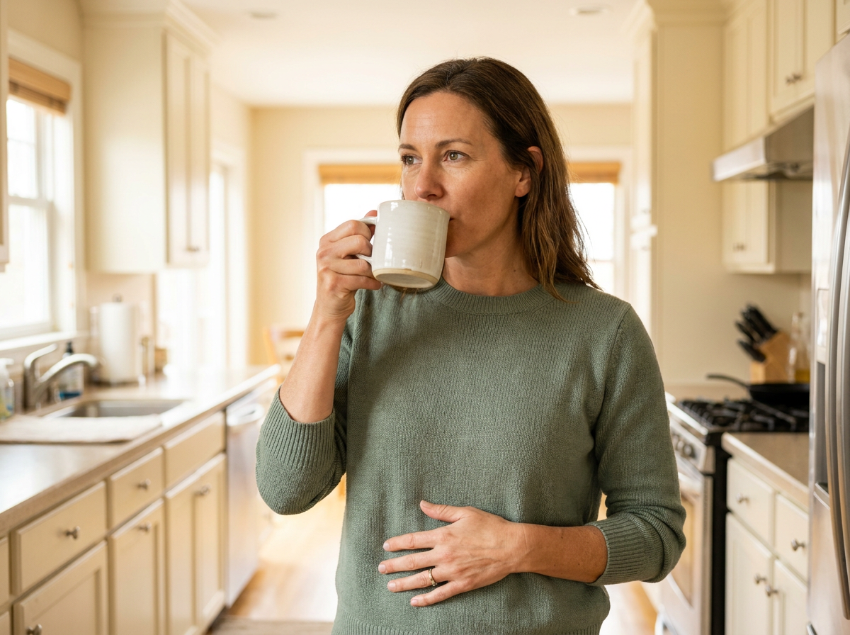 Coffee drinker feeling unsettled after her morning cup