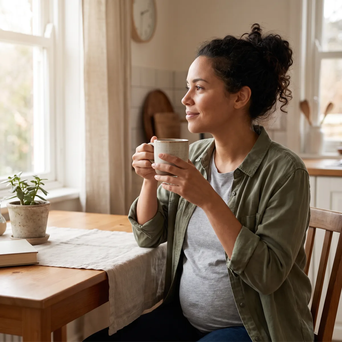 Coffee drinker considering her morning routine