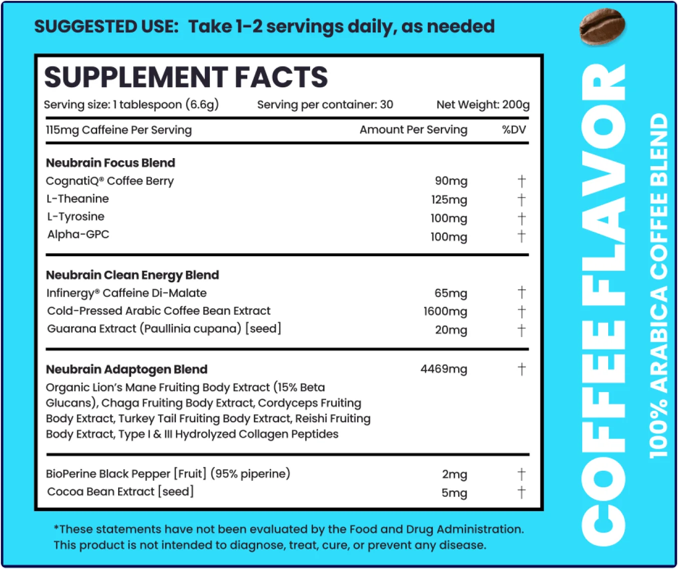 Full Supplement Facts panel listing Smart Coffee ingredients and per-serving amounts