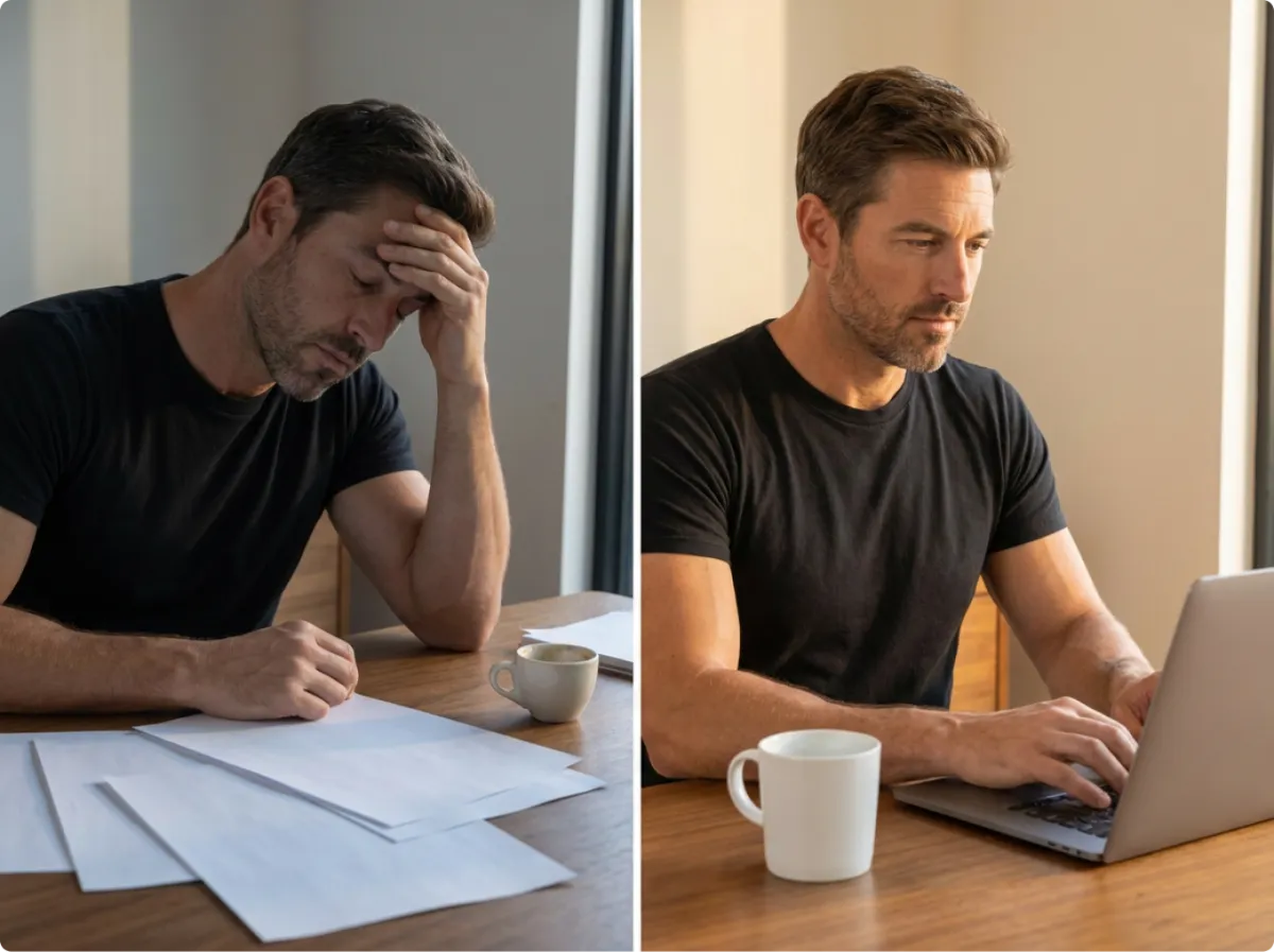 Coffee drinker running out of energy, then refocusing at his desk